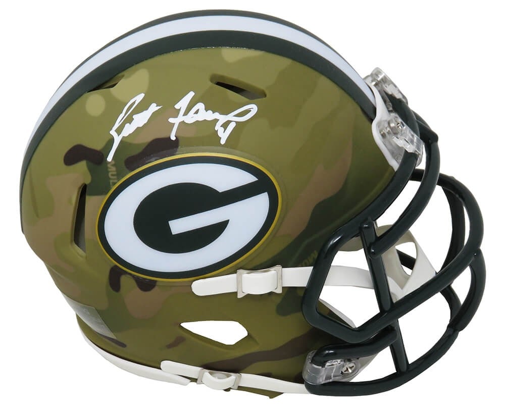 Brett Favre Signed Green Bay Packers CAMO Mini Helmet with Hologram: Brett Favre Signed Green Bay Packers CAMO Mini Helmet with Hologram This is a Brett Favre signed Green Bay Packers CAMO Riddell Speed mini helmet, a must-have collectible for any football fan. The ite