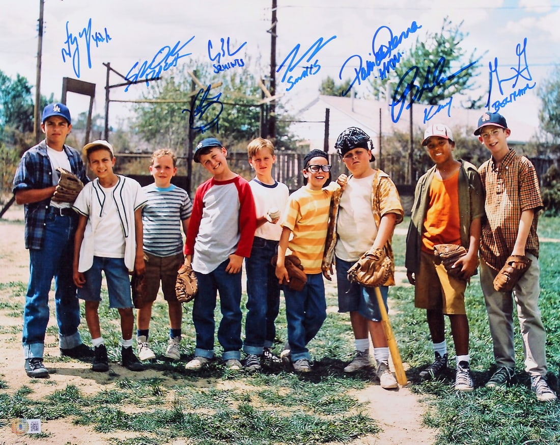 The Sandlot Signed 16x20 Photo by 8 Cast with BAS Authentication: The Sandlot Signed 16x20 Photo by 8 Cast with BAS Authentication Capture a piece of cinematic nostalgia with this remarkable autographed 16x20 photograph from the beloved film 'The Sandlot.' This stun