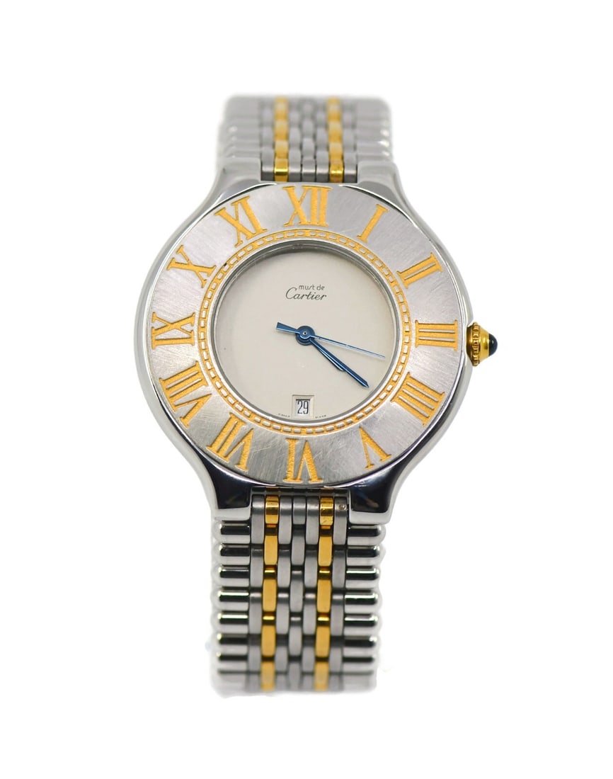 Cartier Must 21 XL Quartz Watch 18K Stainless Steel W10052F4 with Box: Cartier Must 21 XL Quartz Watch 18K Stainless Steel W10052F4 with Box This Cartier Must 21 XL wristwatch combines elegance and functionality with its striking design. Featuring a robust stainless stee