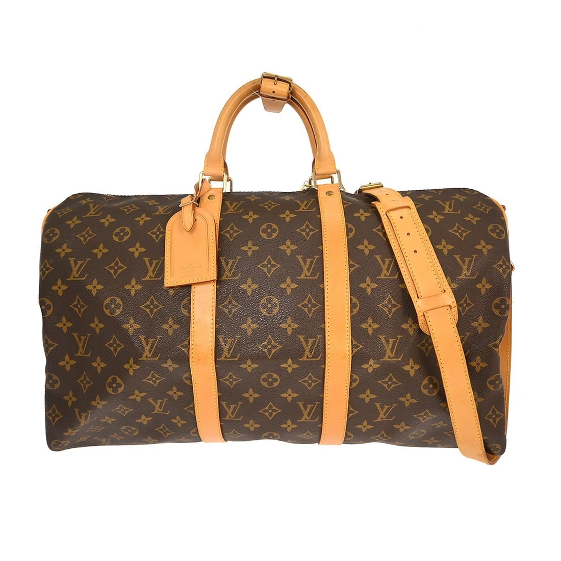Louis Vuitton Keepall 50 Monogram Canvas Travel Bag: Louis Vuitton Keepall 50 Monogram Canvas Travel Bag This Louis Vuitton Keepall Bandouliere 50 is a vintage large-sized handbag crafted from signature monogram canvas with beige leather handles and str