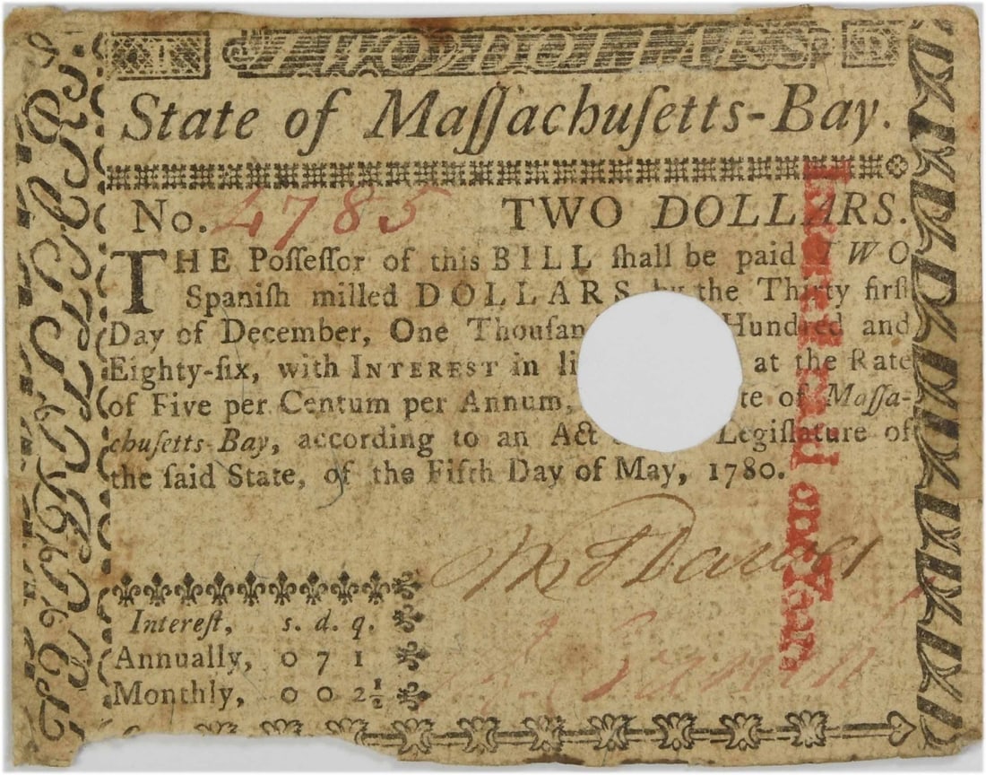1780 Massachusetts Bay Two Dollar Note VF Grade Uncertified (1 of 2)