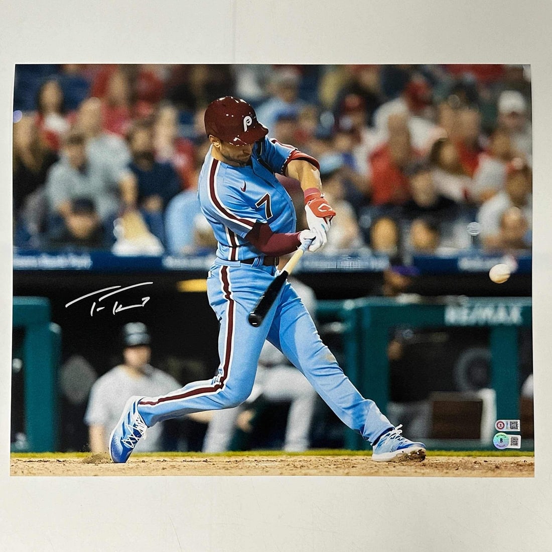 Trea Turner Signed 16x20 Photo Philadelphia Phillies Beckett Authenticated: Trea Turner Signed 16x20 Photo Philadelphia Phillies Beckett Authenticated This is an autographed 16x20 photo of Trea Turner, featuring the Philadelphia Phillies. The authenticity of the autograph is 