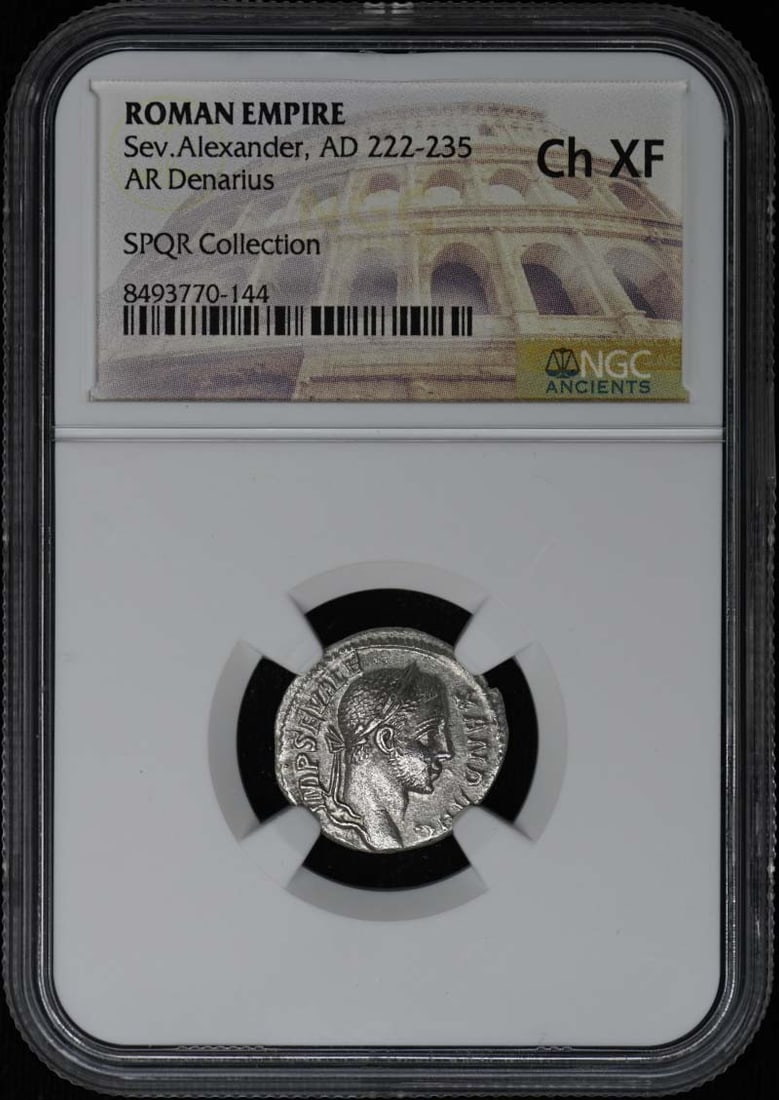 Roman Empire Silver Denarius of Severus Alexander NGC Certified XF45: Roman Empire Silver Denarius of Severus Alexander NGC Certified XF45 This is a Roman Empire AR Denarius coin from the reign of Severus Alexander, dated AD 222-235. The coin is certified by NGC with a 