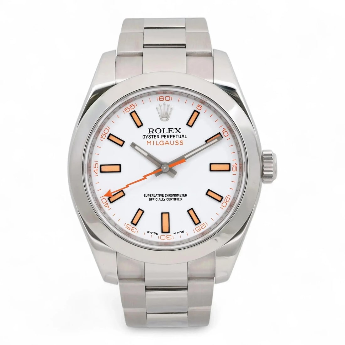 Rolex Milgauss 116400 Automatic 40mm White Dial Men's Watch: Rolex Milgauss 116400 Automatic 40mm White Dial Men's Watch Introducing the Rolex Milgauss, a stunning luxury wristwatch for men featuring a 40mm stainless steel case with a polished finish. This mode