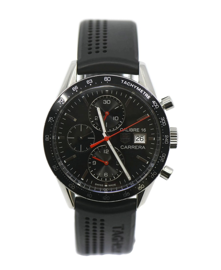 Carrera Calibre 16 Chronograph Black Dial Stainless Steel Men's Watch CV201AK: Carrera Calibre 16 Chronograph Black Dial Stainless Steel Men's Watch CV201AK This TAG Heuer Carrera Calibre 16 Chronograph wristwatch features a 41mm stainless steel case with a black bezel and a mat