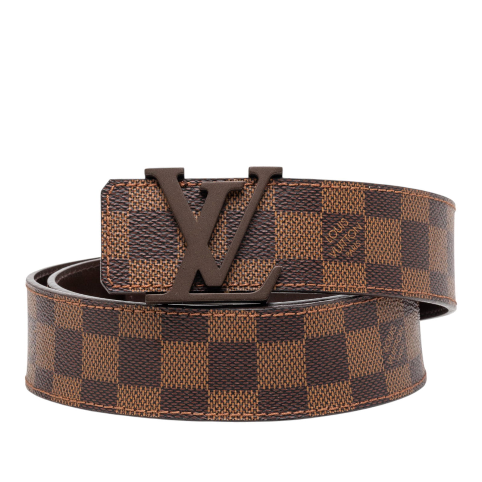 Louis Vuitton Brown Damier Ebene Canvas Belt with LV Initials: Louis Vuitton Brown Damier Ebene Canvas Belt with LV Initials This Louis Vuitton Damier Ebene Initiales Belt features the signature Damier canvas in brown, highlighted by prominent LV initials and a p