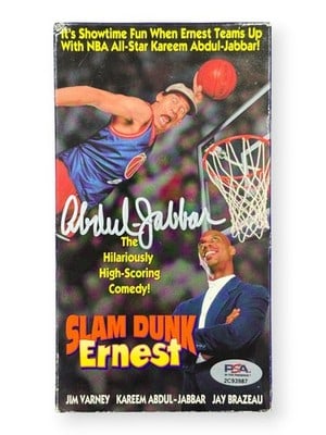 PSA Signed Slam Dunk Ernest VHS Cover Kareem Abdul-Jabbar Lakers: PSA Signed Slam Dunk Ernest VHS Cover Kareem Abdul-Jabbar Lakers This is a VHS tape cover for "Slam Dunk Ernest" autographed by Kareem Abdul-Jabbar. The item comes with a PSA authentication sticker. O