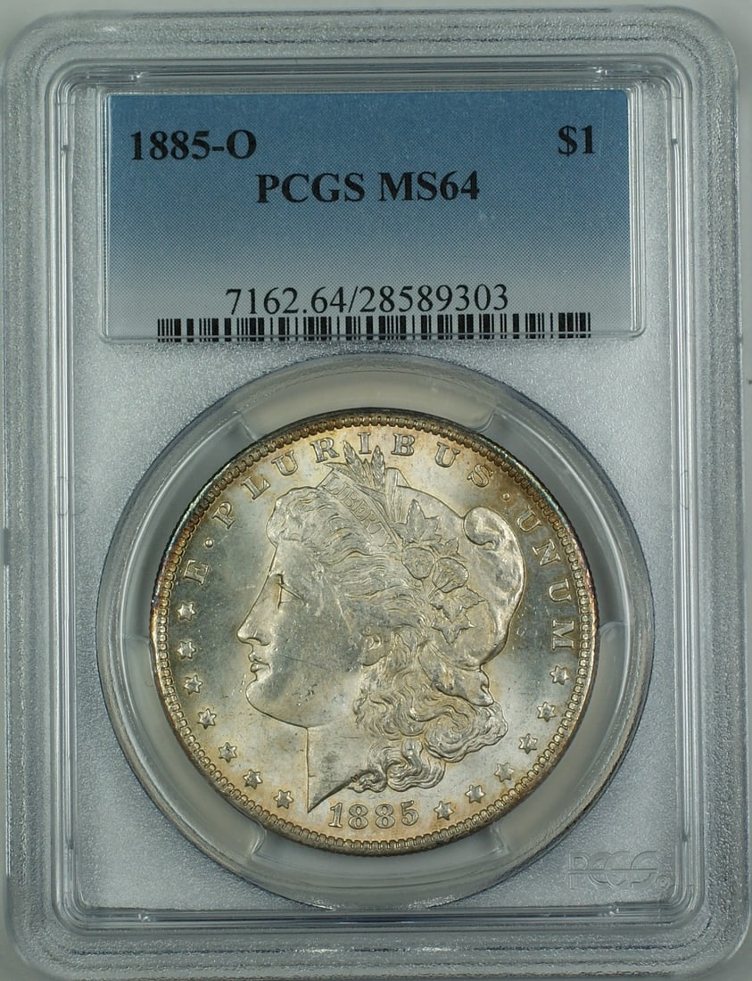 PCGS MS64 1885-O Morgan Dollar Silver Coin From New Orleans Mint: PCGS MS64 1885-O Morgan Dollar Silver Coin From New Orleans Mint This 1885-O Morgan Silver Dollar coin is certified by PCGS with a grade of MS-64. It features light toning on both the obverse and reve