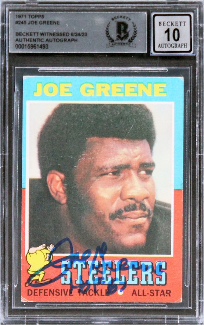 Joe Greene Signed 1971 Topps #245 RC Card Gem Mint 10 HOF 87 Beckett Authenticated: Joe Greene Signed 1971 Topps #245 RC Card Gem Mint 10 HOF 87 Beckett Authenticated Celebrate the legacy of Joe Greene with this autographed 1971 Topps #245 Rookie Card, inscribed "HOF 87." Graded Gem 