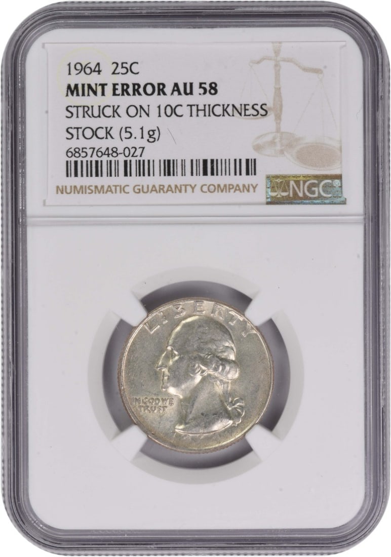1964 Silver Washington Quarter Error Coin on Dime Planchet AU58 NGC Certified: 1964 Silver Washington Quarter Error Coin on Dime Planchet AU58 NGC Certified This 1964 Washington Quarter features a rare mint error, having been struck on a dime thickness planchet. Composed of 90% 