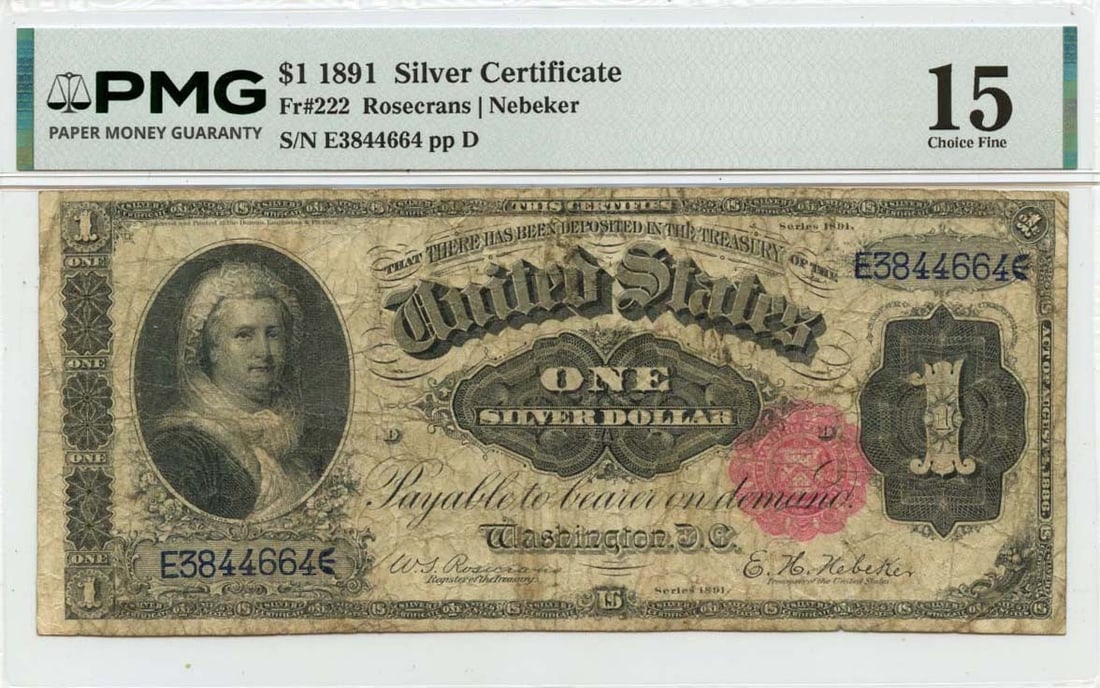1891 United States $1 PMG Certified Silver Certificate FR222 F15 (1 of 2)