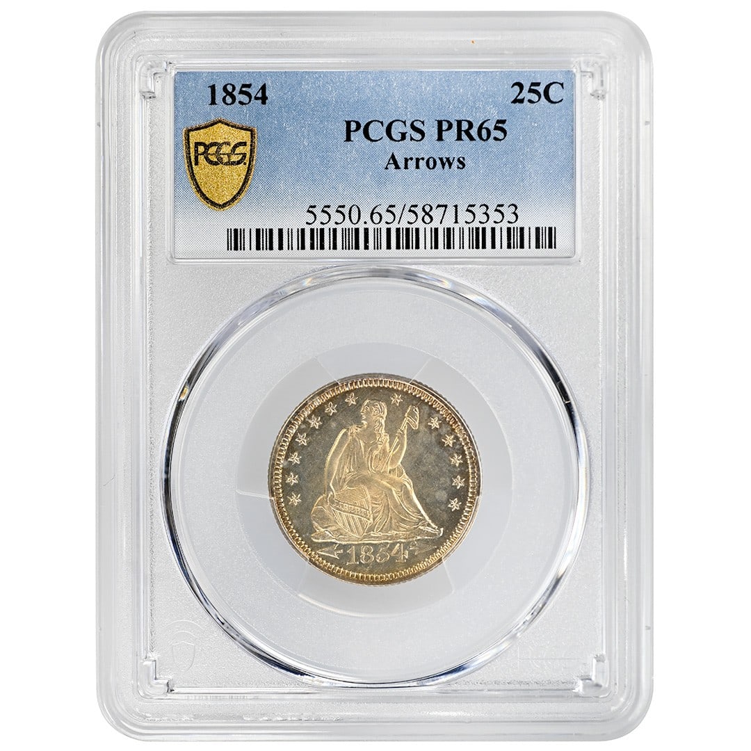 1854 Liberty Seated 25C Silver Proof Quarter PCGS PR65 Arrows: 1854 Liberty Seated 25C Silver Proof Quarter PCGS PR65 Arrows This 1854 Liberty Seated Quarter features the Arrows at Date design and is a rare proof coin graded PR65 by PCGS. Struck in silver at the 