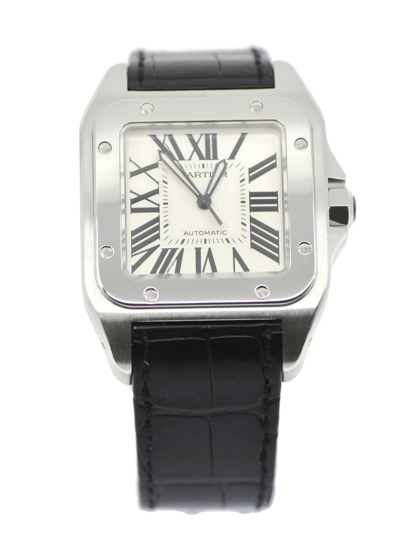 Santos 100 Automatic Men's Watch W20073X8 with Box: Santos 100 Automatic Men's Watch W20073X8 with Box The Cartier Santos 100 is a men's wristwatch featuring a 38mm stainless steel case and a white analog dial. This timepiece operates with a mechanical
