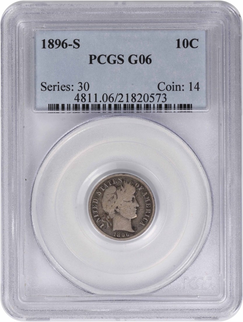PCGS Graded 1896 San Francisco Barber Dime Silver Ten Cent Coin: PCGS Graded 1896 San Francisco Barber Dime Silver Ten Cent Coin This 1896-S Barber Silver Dime is a circulated coin graded G06 by PCGS. Minted in San Francisco, it features the classic Barber design a