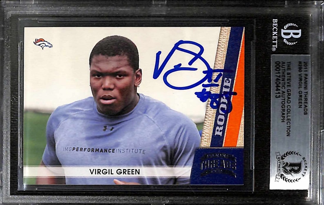 Virgil Green 2011 Panini Threads #250 Signed Card Beckett Authenticated: Virgil Green 2011 Panini Threads #250 Signed Card Beckett Authenticated This is a signed 2011 Panini Threads #250 sports trading card featuring the autograph of Virgil Green, a Tight End for the Denve