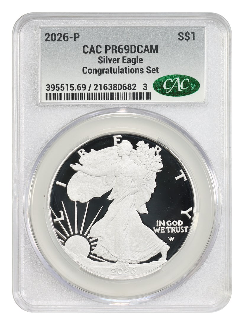 2026 Proof Silver Eagle Dollar CACG PR69DCAM With Congrats Set Box and COA: 2026 Proof Silver Eagle Dollar CACG PR69DCAM With Congrats Set Box and COA This 2026-P $1 Silver Eagle from the Congratulations Set is a Proof coin struck at the Philadelphia Mint. Graded PR69DCAM by 