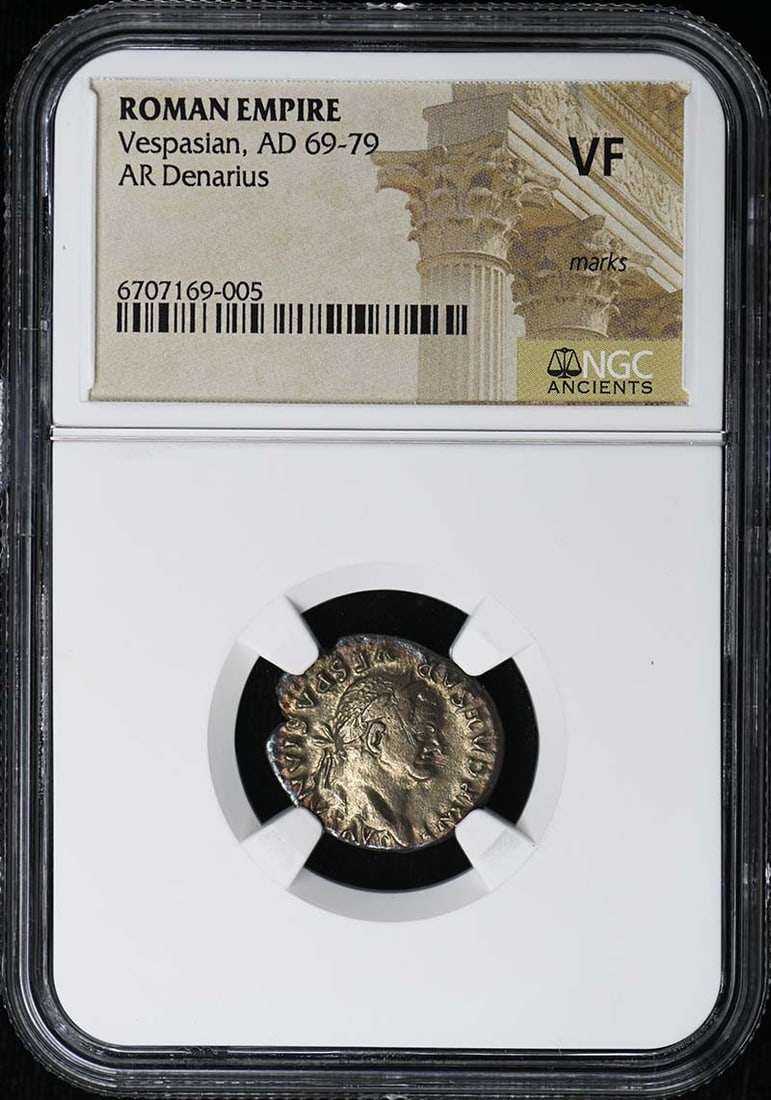 NGC VF20 Denarius Roman Empire Silver Coin Vespasian AD 69-79: NGC VF20 Denarius Roman Empire Silver Coin Vespasian AD 69-79 This is a Roman Empire AR Denarius coin from the reign of Vespasian, dating from AD 69-79. The coin has been certified by NGC with a grade