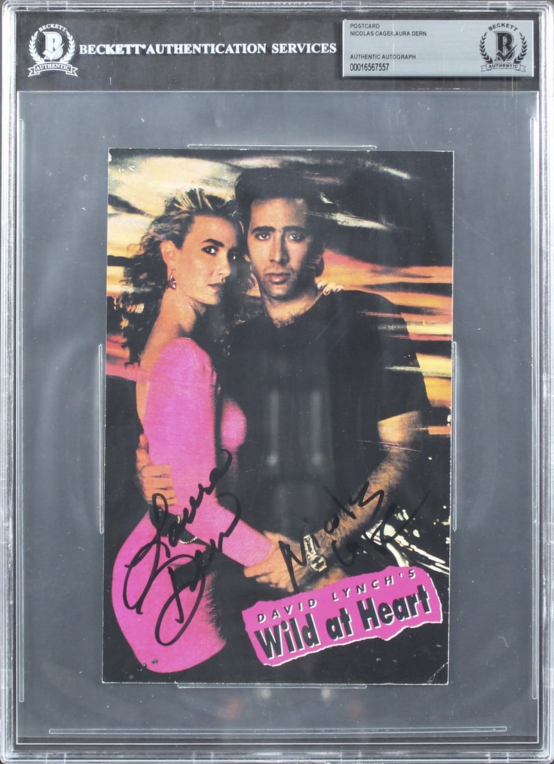 Nicolas Cage Laura Dern Wild At Heart Signed Postcard Beckett Authenticated: Nicolas Cage Laura Dern Wild At Heart Signed Postcard Beckett Authenticated This is an original 5.5x8.5 postcard featuring the autographs of Nicolas Cage and Laura Dern from the film 'Wild At Heart'. 