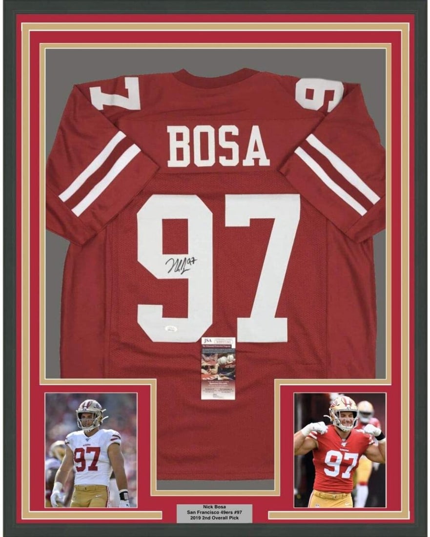 Nick Bosa Signed San Francisco 49ers Framed Red Jersey JSA Authenticated 33x42: Nick Bosa Signed San Francisco 49ers Framed Red Jersey JSA Authenticated 33x42 This professionally framed and matted red San Francisco 49ers jersey features the authentic signature of NFL star Nick Bo