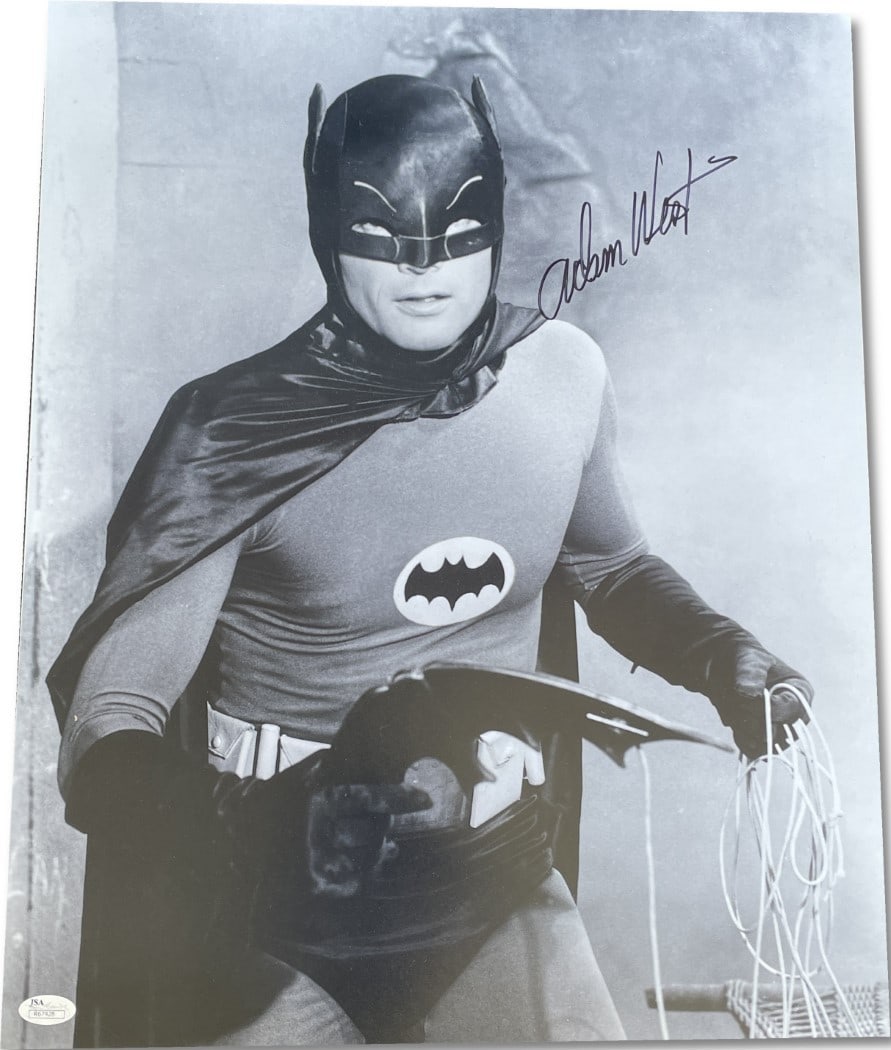Adam West 16x20 Autographed Batman Photo JSA Certified: Adam West 16x20 Autographed Batman Photo JSA Certified This is a stunning original 16x20 black and white photograph of Adam West as Batman, signed by the iconic actor himself. The autograph has been a