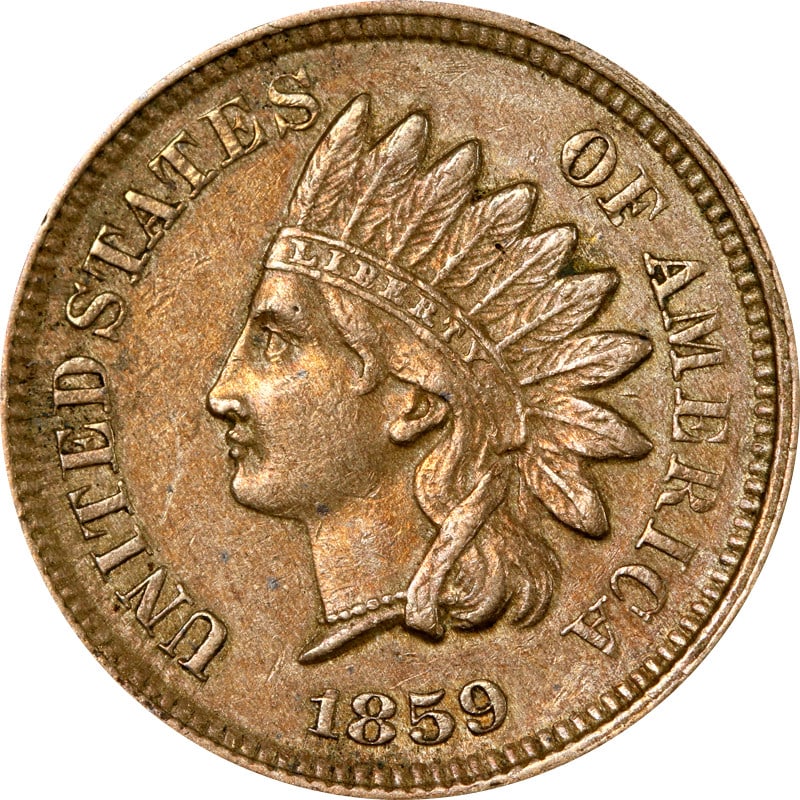 1859 United States Indian Head Copper Cent: 1859 United States Indian Head Copper Cent This 1859 Indian Cent is a circulated coin from the United States, composed of copper. It is pre-owned and uncertified, offering a historical piece from the 