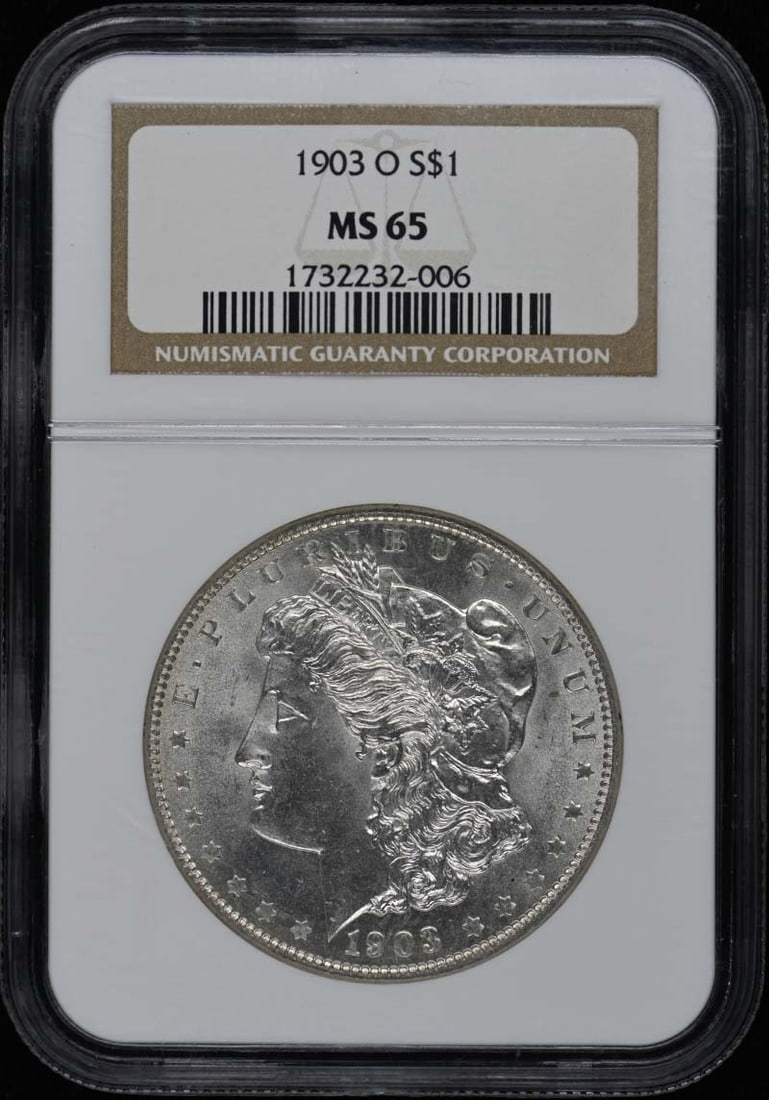 NGC MS65 1903-O Morgan Silver Dollar: NGC MS65 1903-O Morgan Silver Dollar This 1903 Morgan Dollar was minted in New Orleans and is graded MS65 by NGC. The coin is uncirculated and comes with its NGC certification, making it a valuable ad