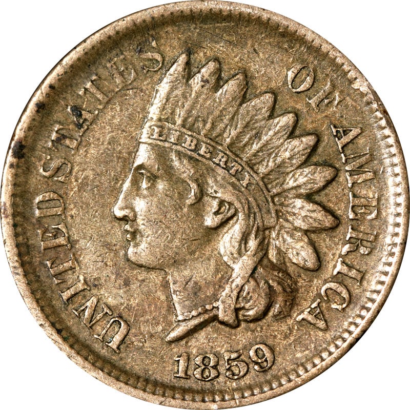 1859 United States Indian Head Copper Cent: 1859 United States Indian Head Copper Cent This is an 1859 Indian Cent from the United States, composed of copper. The coin is circulated and is offered in pre-owned condition. It is uncertified. Spec