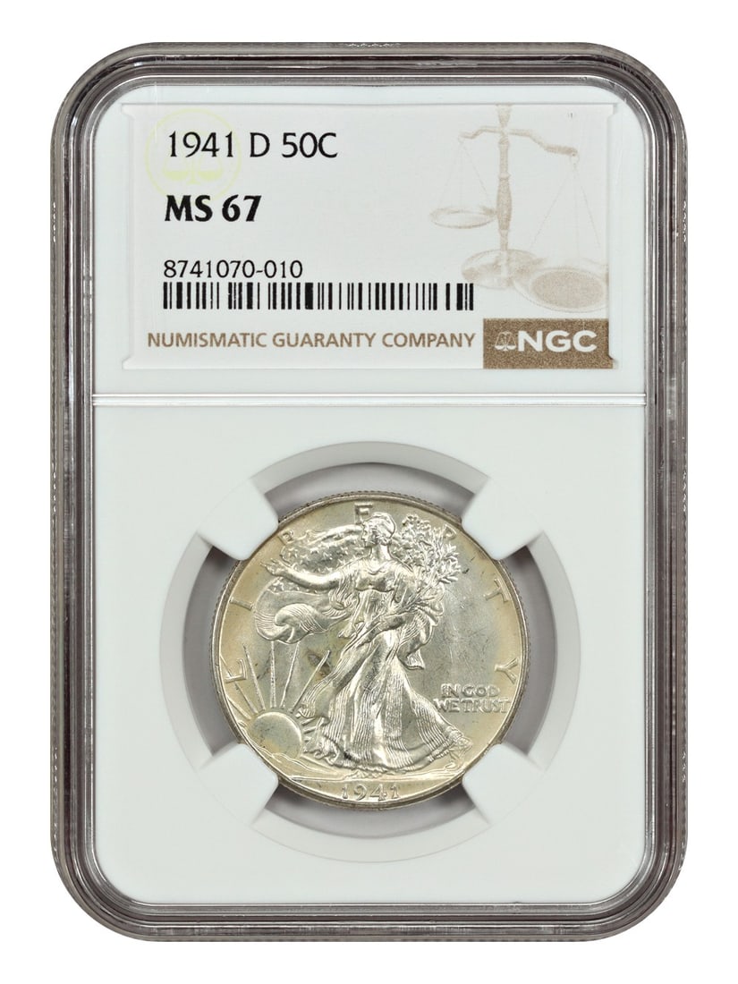 NGC MS67 1941-D Walking Liberty Half Dollar 50C: NGC MS67 1941-D Walking Liberty Half Dollar 50C This is a 1941-D Walking Liberty Half Dollar graded MS67 by NGC. The coin is uncirculated and originates from the Denver mint. It belongs to the Walking