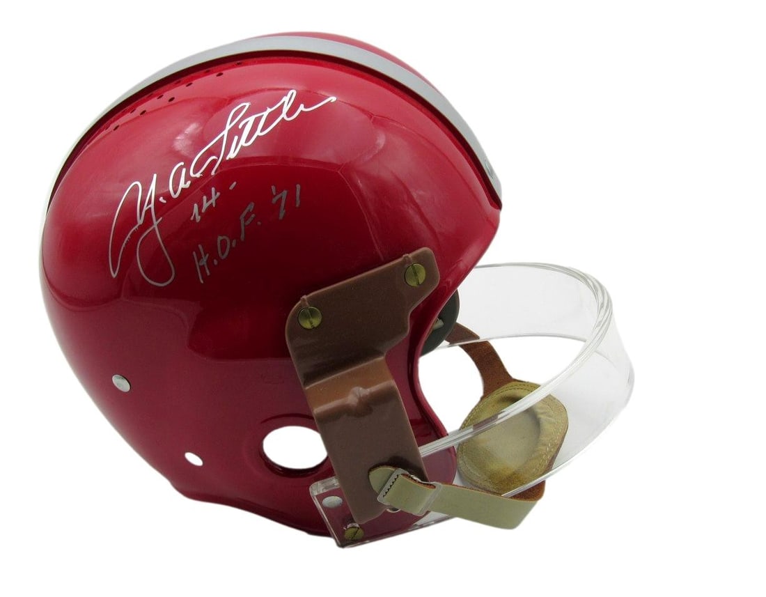 Y.A. Tittle Signed Full Size 49ers Replica Football Helmet with JSA Authentication: Y.A. Tittle Signed Full Size 49ers Replica Football Helmet with JSA Authentication This is a full-size replica RK suspension helmet featuring the San Francisco 49ers. The helmet is signed and inscribe