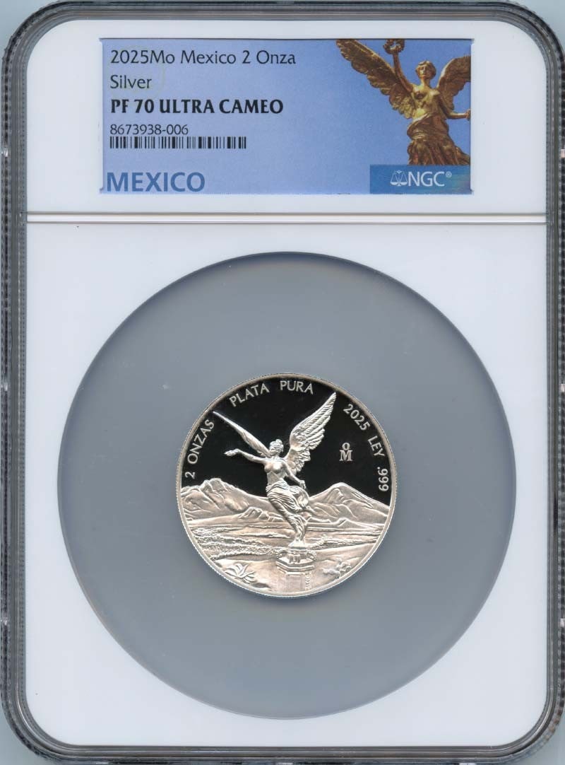 2025 Mexico Libertad 2 Onza Silver NGC PR70UC: 2025 Mexico Libertad 2 Onza Silver NGC PR70UC This is a 2025 Mexico Libertad 2 Onza silver coin graded PR70 Ultra Cameo by NGC. The coin is uncirculated and comes with NGC certification, making it a h