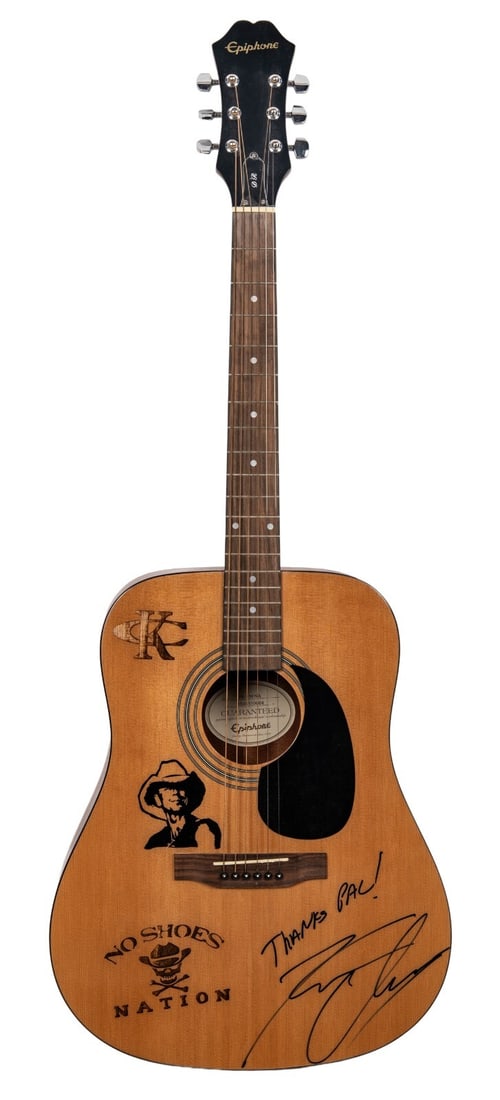 Kenny Chesney Signed Epiphone Guitar with JSA COA Inscription: Kenny Chesney Signed Epiphone Guitar with JSA COA Inscription This is an original Epiphone guitar signed by country music star Kenny Chesney. The guitar features his black ink signature along with the