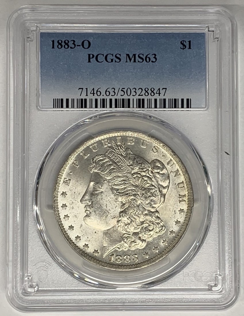 PCGS MS 63 1883-O Morgan Silver Dollar Uncirculated Coin: PCGS MS 63 1883-O Morgan Silver Dollar Uncirculated Coin This is an 1883-O Morgan Silver Dollar coin, certified by PCGS with a grade of MS 63. The coin is uncirculated and composed of silver, originat