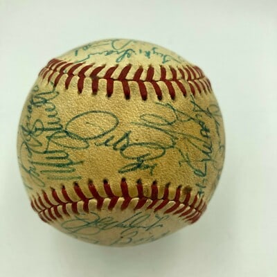 1980 Phillies team signed game used baseball 33 signatures JSA COA: 1980 Phillies team signed game used baseball 33 signatures JSA COA This vintage official National League baseball is game-used and features signatures from the 1980 Philadelphia Phillies World Series 