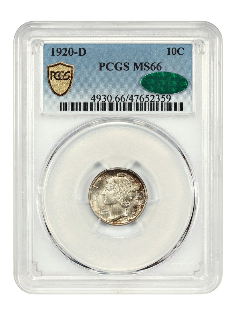 1920 Denver Mercury Dime PCGS MS66 CAC Certified Ten Cent Coin: 1920 Denver Mercury Dime PCGS MS66 CAC Certified Ten Cent Coin This 1920-D Mercury Dime is certified by PCGS with a CAC sticker, graded MS66. The coin features satin-like luster and mottled russet ton