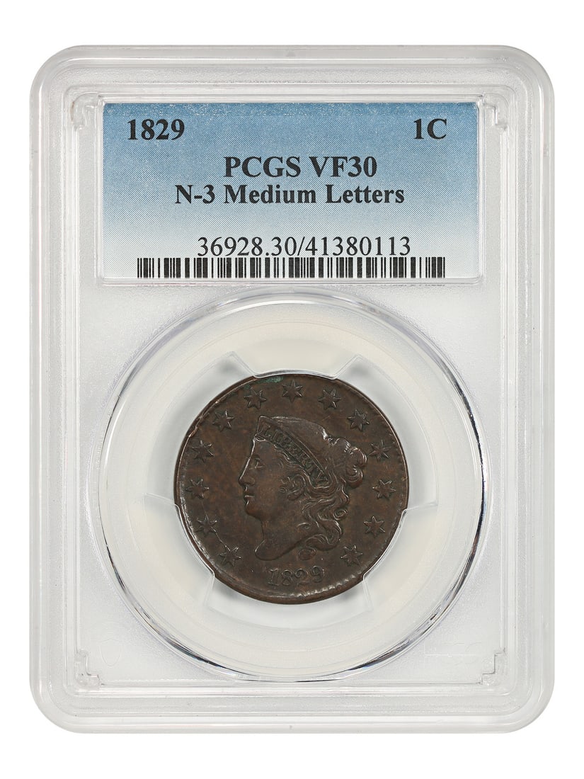 PCGS VF30 Coronet Head 1829 One Cent Medium Letters N-3 Variety: PCGS VF30 Coronet Head 1829 One Cent Medium Letters N-3 Variety This 1829 Coronet Head Cent features the Medium Letters N-3 variety and has been certified by PCGS with a grade of VF30 BN. The coin dis