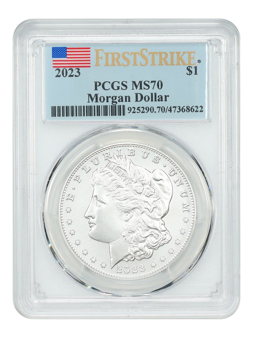 PCGS MS70 First Strike 2023 Morgan Silver Dollar: PCGS MS70 First Strike 2023 Morgan Silver Dollar This 2023 $1 Morgan Dollar is a modern commemorative silver coin graded MS70 by PCGS with a First Strike designation. Struck in Philadelphia, it is unc