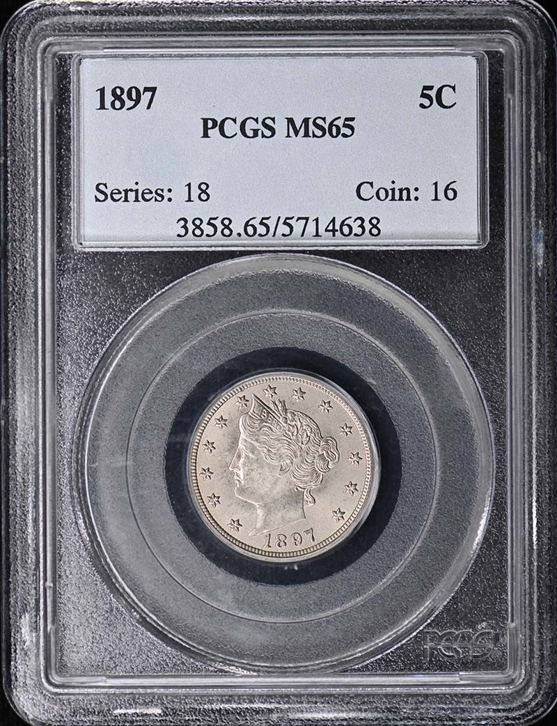 PCGS MS65 1897 Liberty Head 5 Cent Nickel: PCGS MS65 1897 Liberty Head 5 Cent Nickel This 1897 Liberty Nickel is graded MS65 by PCGS, indicating a high level of preservation with strong eye appeal. Struck in Philadelphia, this uncirculated coi
