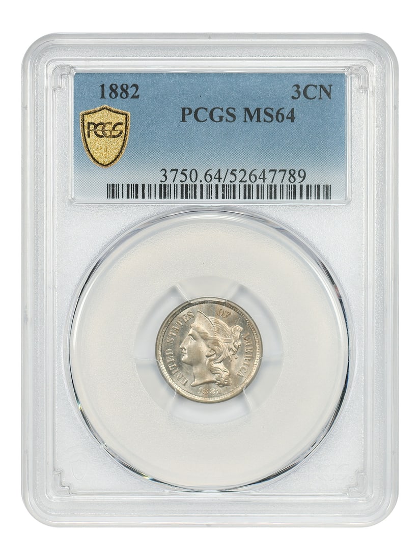 PCGS MS64 1882 Philadelphia Three Cent Nickel: PCGS MS64 1882 Philadelphia Three Cent Nickel This 1882 Three Cent Nickel coin is graded MS64 by PCGS, indicating a high-quality, uncirculated example. Struck in Philadelphia with a low mintage of jus