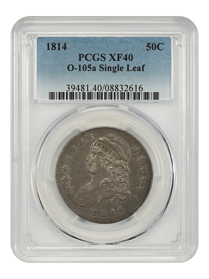 1814 PCGS XF40 Capped Bust Half Dollar Single Leaf Overton 105a: 1814 PCGS XF40 Capped Bust Half Dollar Single Leaf Overton 105a This 1814 Capped Bust Half Dollar is a desirable and scarce variety known as the Single Leaf, Overton 105a. Graded XF40 by PCGS, this ci