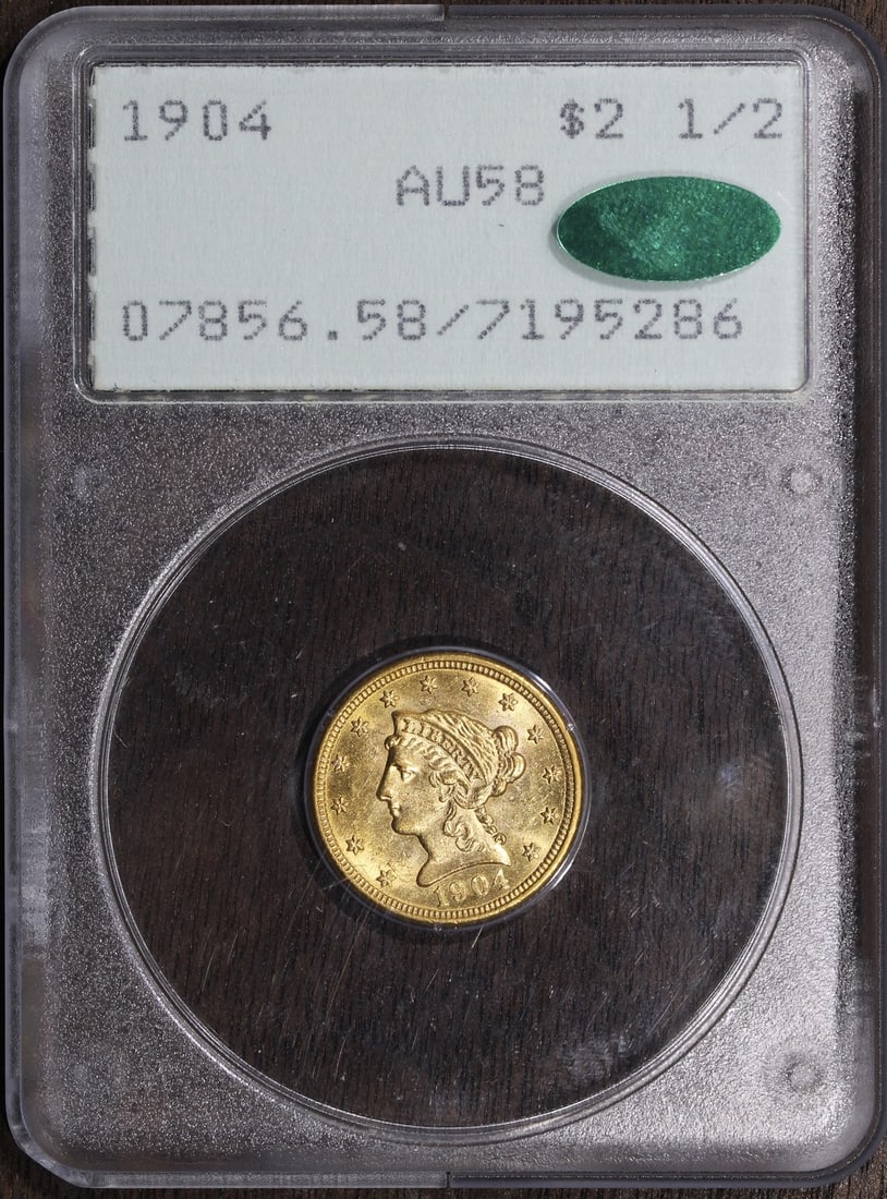 1904 Liberty Head $2.50 Gold Quarter Eagle AU58 PCGS CAC Certified: 1904 Liberty Head $2.50 Gold Quarter Eagle AU58 PCGS CAC Certified This is a 1904 Liberty Head Gold Quarter Eagle $2.50 coin, certified by PCGS and CAC with a grade of AU 58. Minted in Philadelphia be