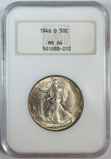 NGC Graded 1946 D Silver Walking Liberty Half Dollar MS 64 Uncirculated: NGC Graded 1946 D Silver Walking Liberty Half Dollar MS 64 Uncirculated This 1946 D Walking Liberty Half Dollar is certified by NGC with a grade of MS 64, featuring attractive luster. Struck in silver