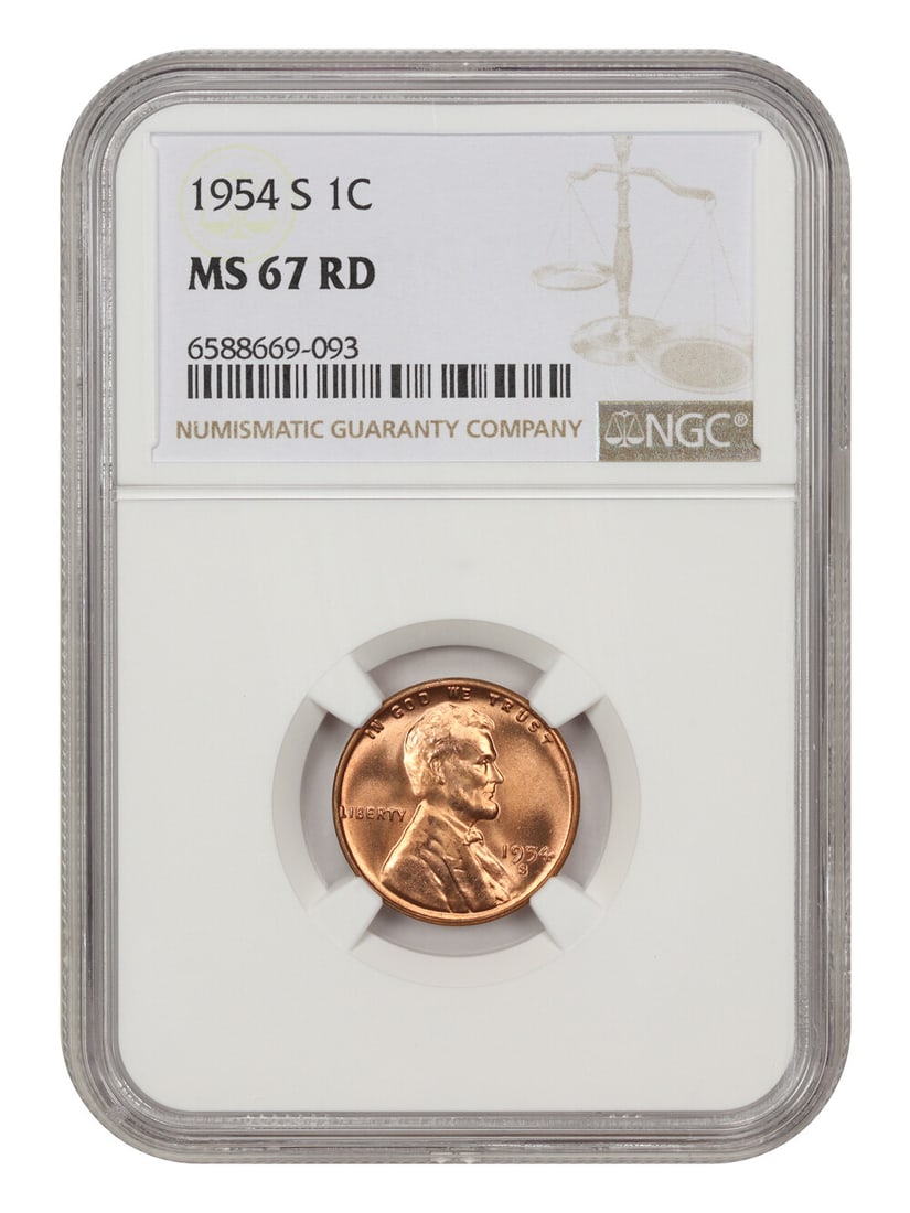 1954-S Lincoln Cent NGC MS67 RD Blazing Red Wheat Reverse: 1954-S Lincoln Cent NGC MS67 RD Blazing Red Wheat Reverse This stunning 1954-S Lincoln Cent, graded MS67 RD by NGC, is a remarkable example of numismatic excellence. With its blazing red hue, this unc