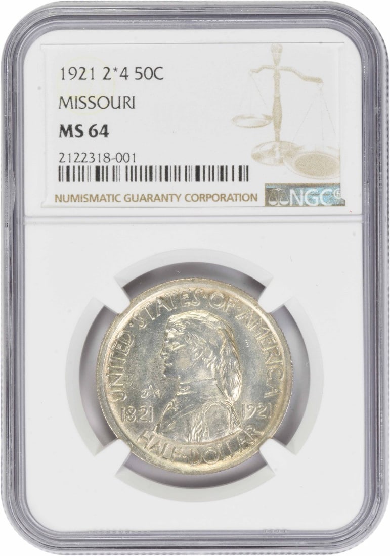 1921 Missouri Commemorative Half Dollar Silver MS64 NGC Certified: 1921 Missouri Commemorative Half Dollar Silver MS64 NGC Certified This is a 1921 Missouri 2x4 Commemorative Silver Half Dollar, graded MS64 by NGC. The coin is uncirculated and features a silver compo