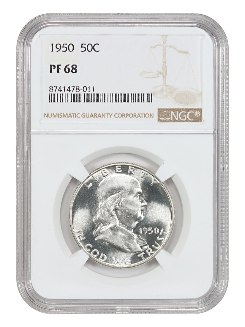 1950 Franklin Half Dollar Proof NGC PR68 First Year Issue: 1950 Franklin Half Dollar Proof NGC PR68 First Year Issue This 1950 Franklin Half Dollar is a first year proof issue with a low mintage of 51,386 coins struck. Graded PR68 by NGC, it features outstand