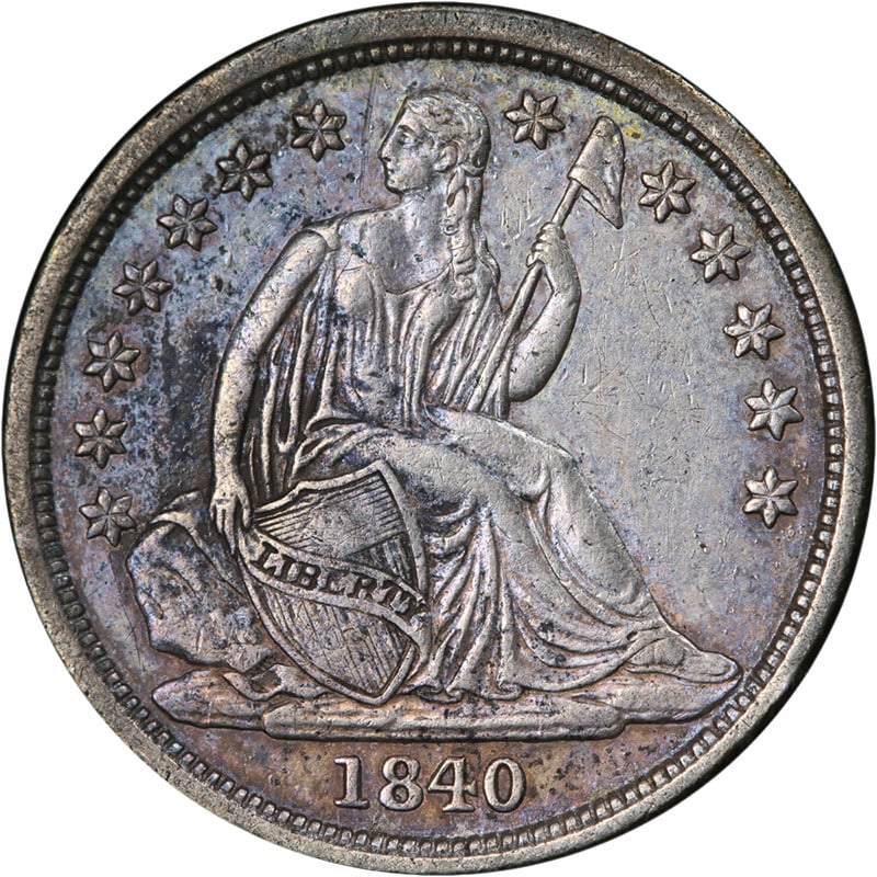 1840-P Seated Liberty Dime No Drapery Silver Coin Nice AU BU: 1840-P Seated Liberty Dime No Drapery Silver Coin Nice AU BU This 1840-P Seated Liberty Dime, featuring the 'No Drapery' design, showcases impressive eye appeal and a strong strike. The coin exhibits 