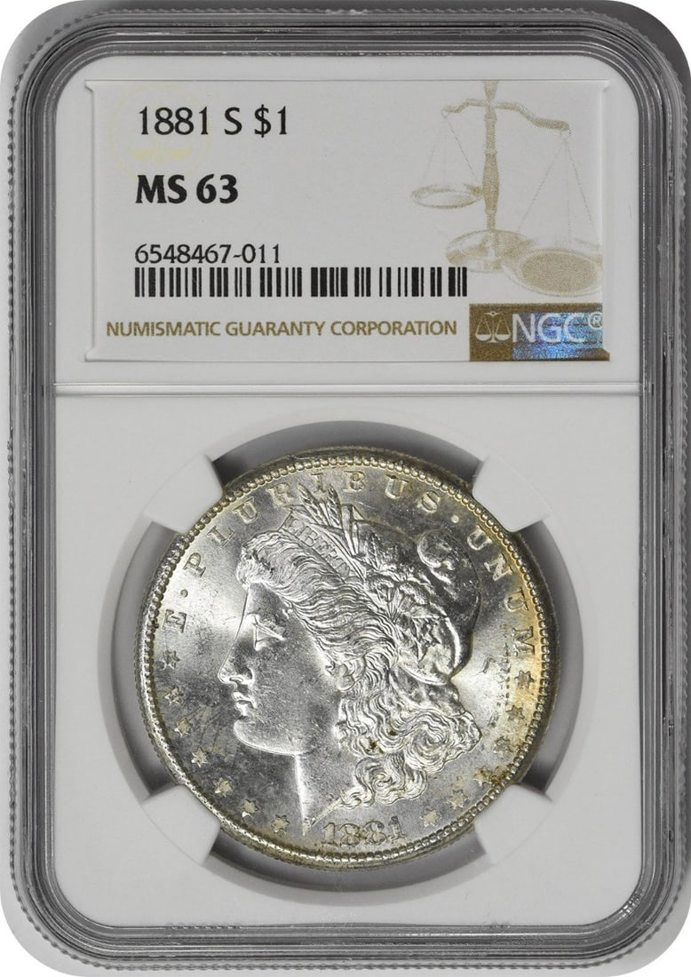 NGC MS63 Graded 1881 San Francisco Morgan Silver Dollar: NGC MS63 Graded 1881 San Francisco Morgan Silver Dollar This 1881-S Morgan Silver Dollar is certified MS63 by NGC. Struck at the San Francisco Mint, the coin is composed of 90% silver and 10% copper. 
