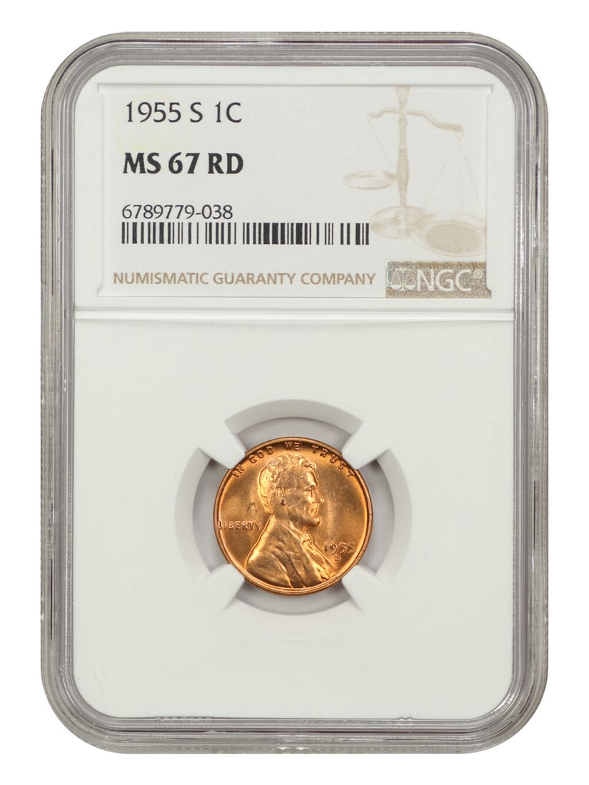 1955-S Lincoln Cent NGC MS67RD Wheat Reverse Coin: 1955-S Lincoln Cent NGC MS67RD Wheat Reverse Coin This 1955-S Lincoln Cent showcases a remarkable Uncirculated condition, graded as MS67RD by NGC, indicating its exceptional quality and eye appeal. Mi