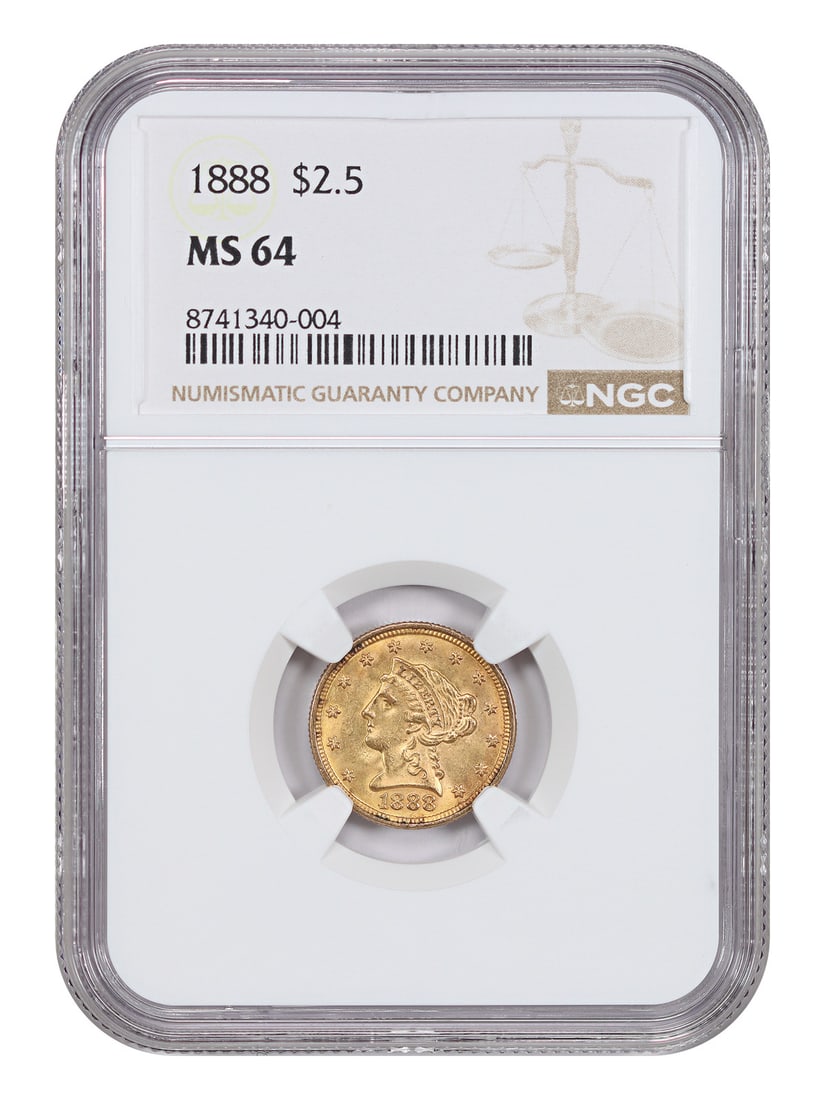 NGC MS64 1888 Liberty Head Gold Quarter Eagle Coin: NGC MS64 1888 Liberty Head Gold Quarter Eagle Coin This 1888 Liberty Head $2.5 gold coin is certified by NGC with a grade of MS64, indicating it is uncirculated and in excellent condition. Struck at t