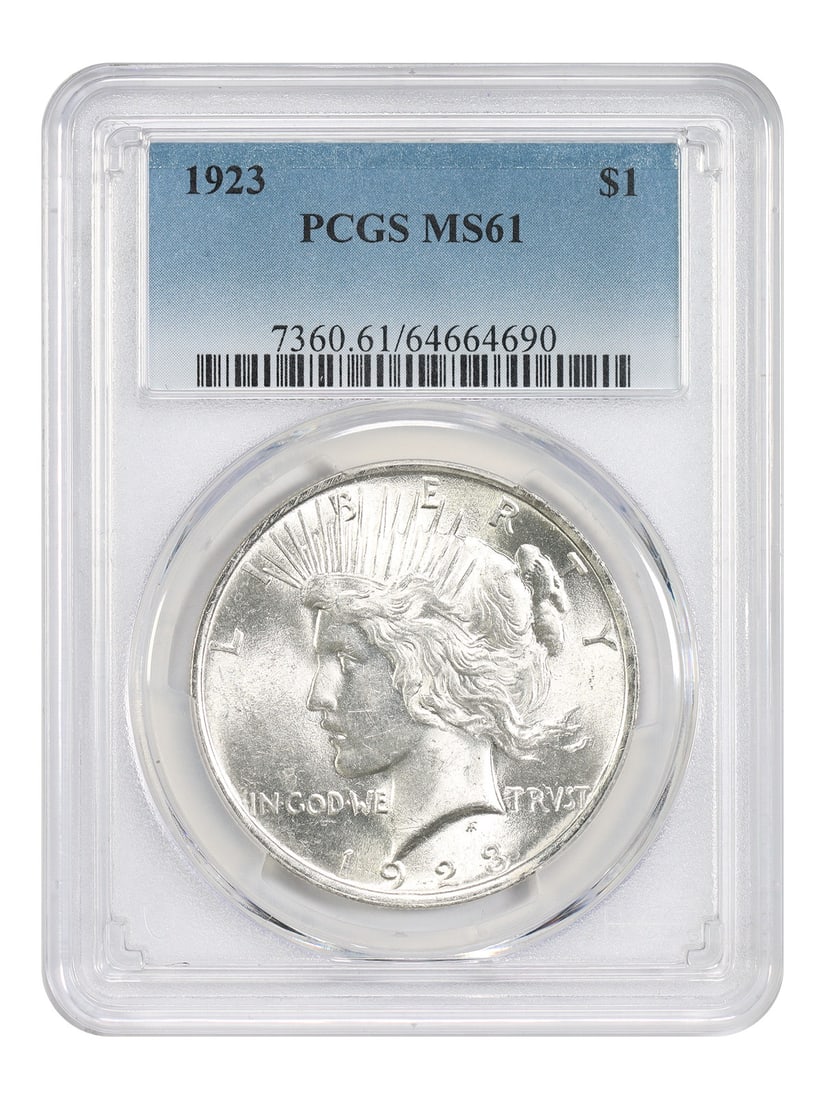 1923 Peace Dollar Silver Coin PCGS Graded MS61 Philadelphia Mint: 1923 Peace Dollar Silver Coin PCGS Graded MS61 Philadelphia Mint This is a 1923 Peace Dollar graded MS61 by PCGS. The coin is uncirculated and was minted in Philadelphia. It is part of the Peace Dolla