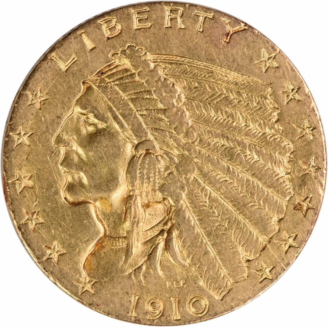 1910 Indian Head $2.50 Gold Coin Philadelphia AU Uncertified: 1910 Indian Head $2.50 Gold Coin Philadelphia AU Uncertified This 1910 $2.50 Gold Indian coin from the Philadelphia Mint is composed of 90% gold and 10% copper. Designed by Bela Lyon Pratt, it feature